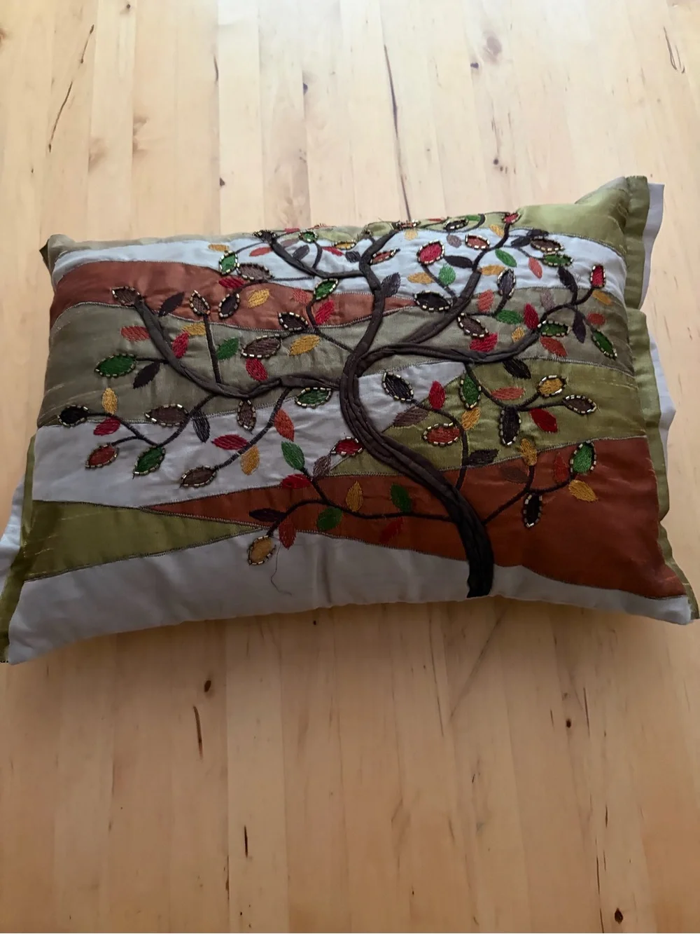 Pier 1 Olive Green and Rust Tree Embroidered Accent Pillow